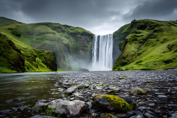 Obraz premium Famous Skogafoss waterfall on Skoga river. Iceland, Europe