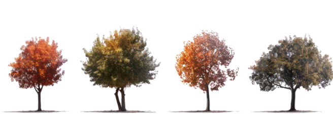 Four stylized autumn trees, various colors