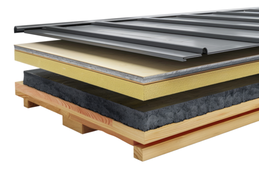 Cross-section of a layered building roof system.  Layers of insulation, metal roofing, and wooden base are visible