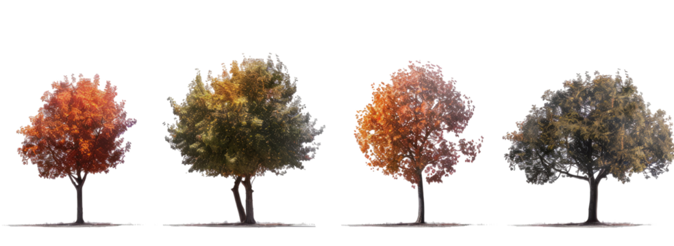 Four stylized autumn trees, various colors