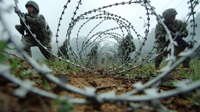 Intense Military Training: Soldiers Crawling Under Barbed Wire Obstacle
