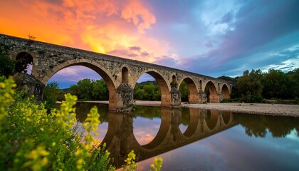 Fototapeta premium A stone arch bridge reflects in a calm river at sunset