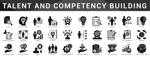 Icons illustrating talent growth, competence mapping, and strategic skill development in a business environment.  
