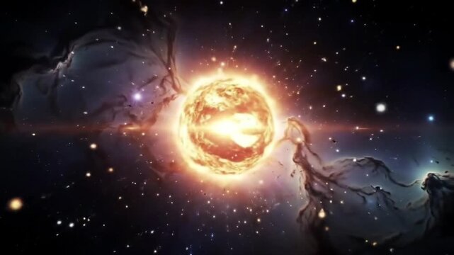 Cinematic space footage showing massive supernova explosions, colorful nebula clouds, and cosmic dust particles.