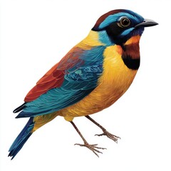 Fototapeta premium Colorful small bird with blue head and yellow chest isolated on white background