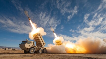 Advanced Missile Launch System Igniting Rockets Against Clear Blue Sky