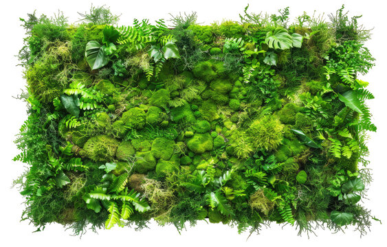 Lush green wall art.  A rectangular display of varied greenery, moss, and stones.  Framed by a textured border
