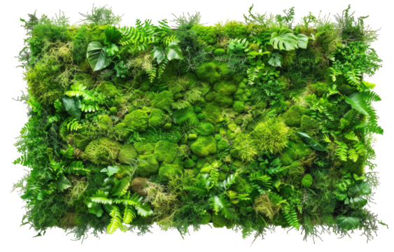 Lush green wall art.  A rectangular display of varied greenery, moss, and stones.  Framed by a textured border
