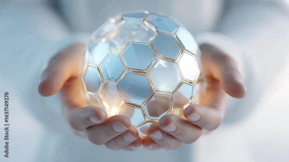 Poster hands holding a glowing hexagonal sphere with light emanating from within the structure design