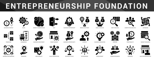 Fundamental icons for entrepreneurship including startup tools, idea validation, funding strategies, and competitive market positioning.