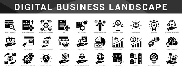 Essential digital business icons from ecommerce to automation and analytics, designed for modern tech enabled business operations.
