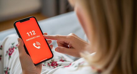 Woman Dials 112 On Red Smartphone Screen for Emergency Call in Bright Indoor Setting