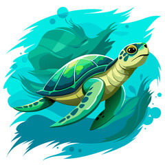 vector illustration of sea turtle, surface breathing, watercolor
