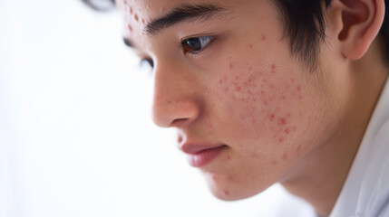 高校生の男性で思春期に肌荒れで赤いニキビのある頬の写真