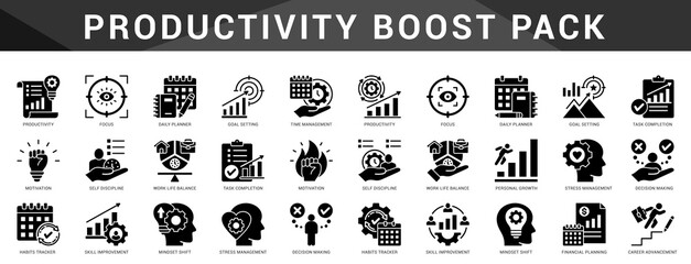 Productivity boosting icons to optimize workflow, energy, and focus with visual tools for habits, goals, and daily planning.
