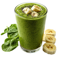 Vibrant green spinach and banana smoothie in a clear glass with fresh spinach leaves and banana slices isolated on transparent background