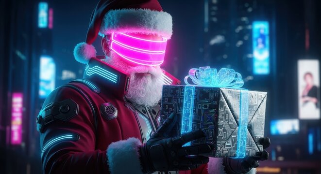 Futuristic Santa delivering gifts in a cybernetic cityscape at Christmas