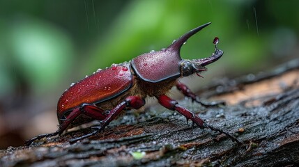 Close-up of a vibrant red beetle on a wet log, rain droplets clinging to its exoskeleton and the wood