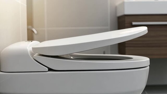 Modern Smart Toilet Lid Slowly Opening in a Clean Bathroom
