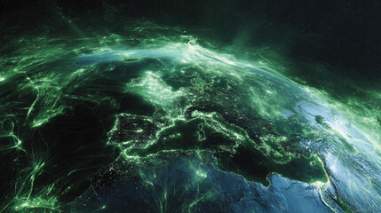Illuminated Europe viewed from space with vibrant green streams