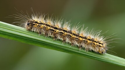 Close-up of a hairy caterpillar on a blade of grass