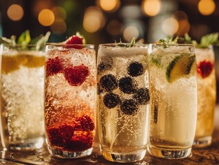 Colorful Fruit Mocktails Backyard Terrace Summer Night Friends Gathering Neon String Lights Bokeh