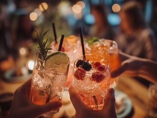 Colorful Fruit Mocktails Backyard Terrace Summer Night Friends Gathering Neon String Lights Bokeh