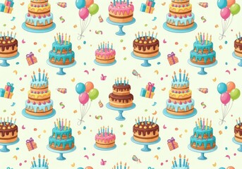 Festive seamless pattern featuring colorful cakes, balloons, and confetti elements