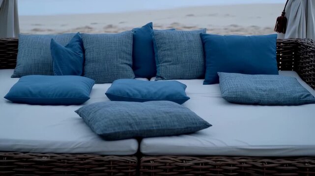 Beachside daybed with blue cushions under a canopy