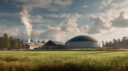 Farm facility with biogas plant surrounded by lush greenery