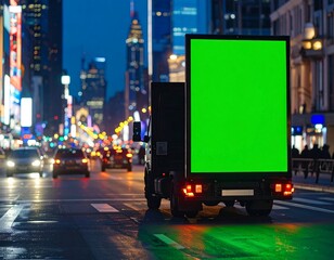 Green Screen Billboard Truck in City at Night, Urban Advertising Mockup Display, Tailgate Marketing for Mobile Advertising Campaigns