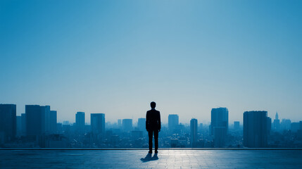 A photo of a man's back as he gazes at the sun on the roof of a building under the blue morning sky, symbolizing the company's vision and philosophy.
