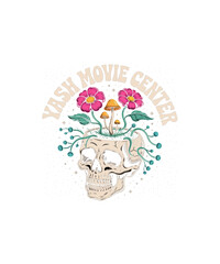 “YASH MOVIE CENTER” – Surreal Skull with Flowers and Mushrooms for Alt Branding, Visual Storytelling, and Emotional Merch Design