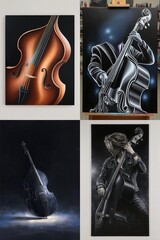 Four vibrant depictions of double basses, rendered in a stylized, almost graphic style.  Each showcases a different angle and mood, with one piece highlighting 