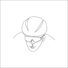 Minimalist one-line drawing of a cyclist wearing a helmet and sports glasses, viewed from the front.