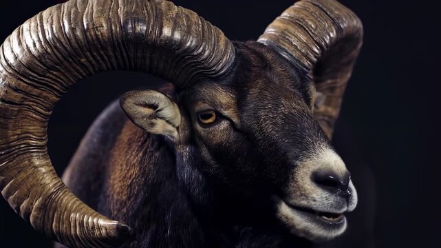 Close-up of a ram's head with large horns
