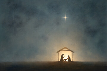 Digital painting of a serene nativity scene featuring Mary, Joseph, and baby Jesus in a simple wooden manger