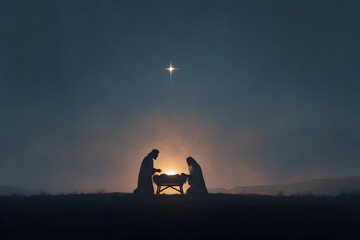 Digital painting of a serene nativity scene featuring Mary, Joseph, and baby Jesus in a simple wooden manger