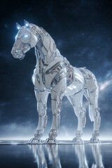 Naklejka premium Futuristic Armored Robotic Horse in Sci-Fi Night Scene 