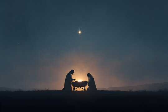 Digital painting of a serene nativity scene featuring Mary, Joseph, and baby Jesus in a simple wooden manger