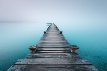 Obraz premium Misty lake pier, tranquil scene, calm water, peaceful morning, meditation, solitude, travel brochure
