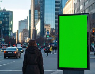 Fototapeta premium Green Screen Billboard in Urban Setting with Pedestrian and Traffic, Blank Advertising Space in Cityscape with Commuters