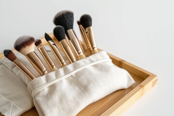 Makeup brushes, organized, beige canvas case, wooden tray, white background, beauty tutorial