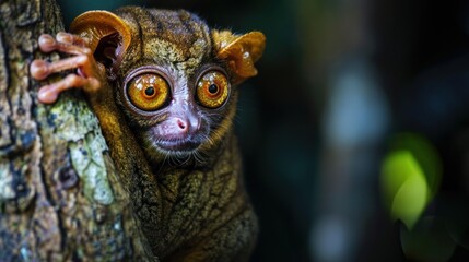 Fototapeta premium Close-up of a Tarsier clinging to a tree