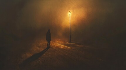 Foggy night street scene, solitary figure standing under lamppost, mystery ambiance