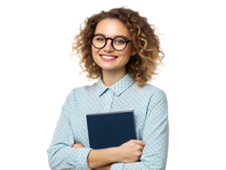 Portrait of a smiling woman with curly hair and glasses holding a book on a transparent background