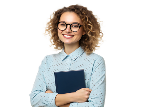 Portrait of a smiling woman with curly hair and glasses holding a book on a transparent background - Powered by Adobe