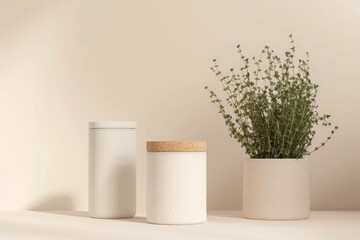 Minimalist Home Decor White Jars, Herb Plant, Sunlight