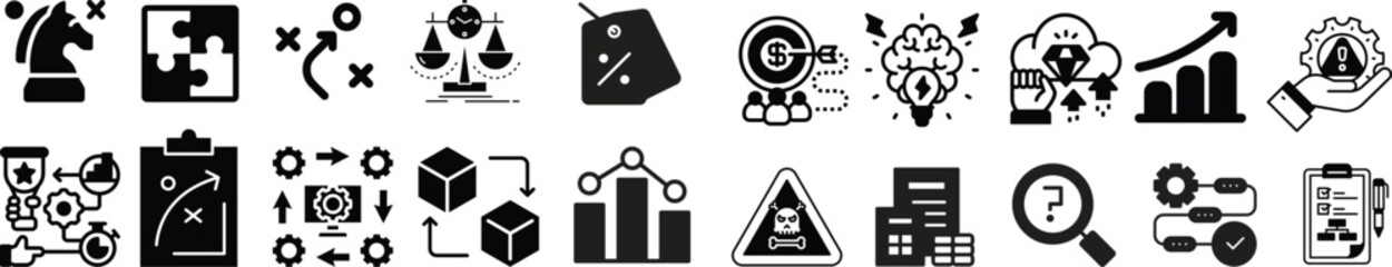 Minimalist business and marketing icon set.Containing problem solving,light bulb, idea, strategy, creativity, innovation, meeting, teamwork, connecting, management, puzzle, creative, invention, jigsaw