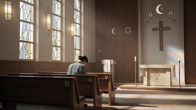 Person Praying in a Diverse Interfaith Sanctuary with Religious Symbols and Stained Glass Windows
